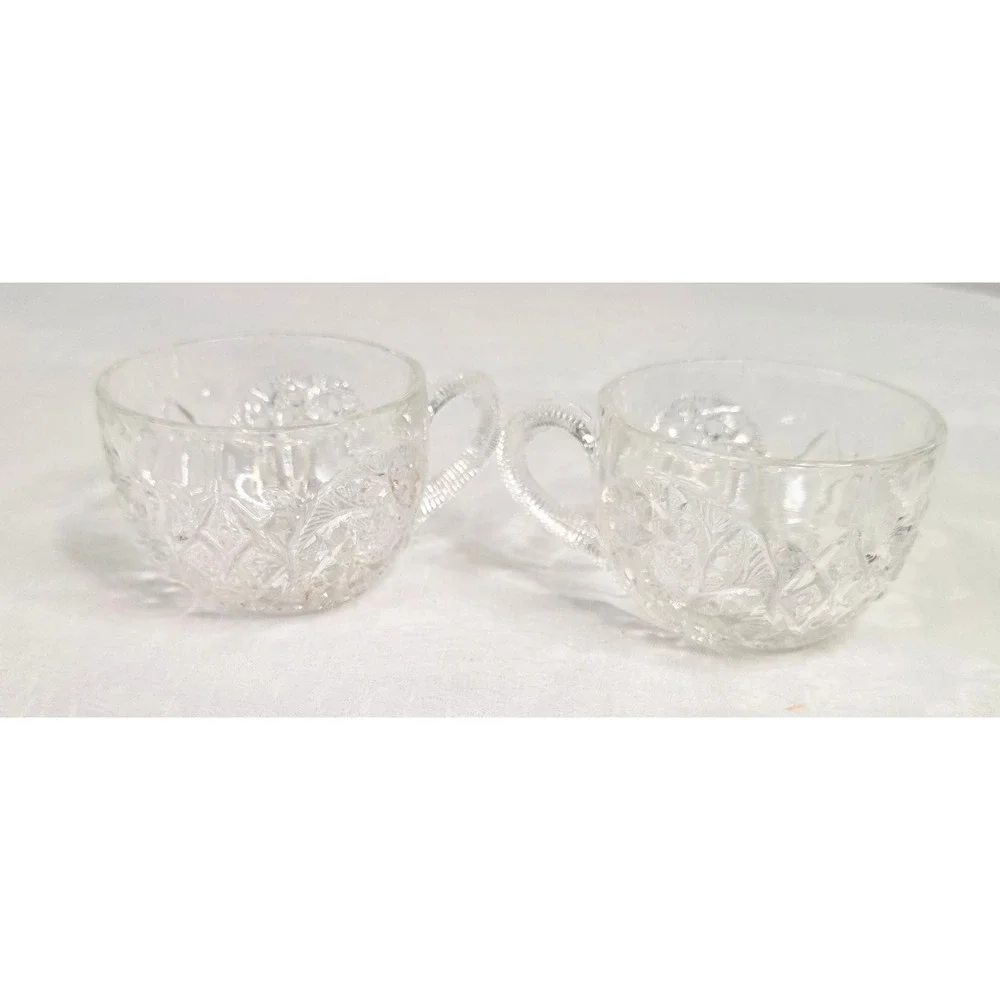 Vintage Pressed Glass Punch Cups Set of 2 Diamond Starburst Pattern Clear Glass